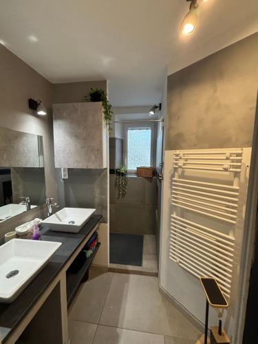 a bathroom with two sinks and a shower at La bohème Langogne in Langogne