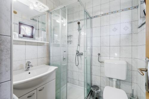 a bathroom with a shower and a sink and a toilet at Apartma Jager in Bovec