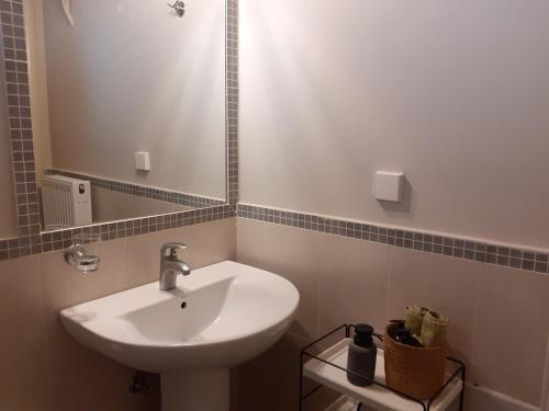 a bathroom with a sink and a mirror at Vagionia Apartments in Ancient Epidauros