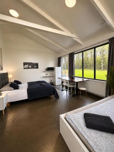 a bedroom with two beds and a desk in it at Arhus Cottage and Camping in Hella