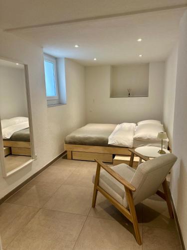 a bedroom with a bed and a table and a mirror at Guest-studio in Fribourg