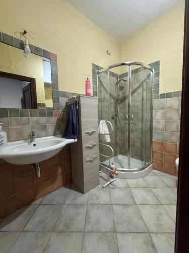 a bathroom with a sink and a shower at La Rosa dei venti in Nebida