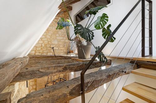 a room with wooden stairs and a plant at La Maison de Marie in Domme