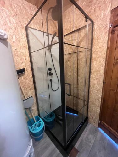 a shower with a glass door and two blue buckets at Domaine Solio - Lodge isolée, nature, animaux in Satillieu
