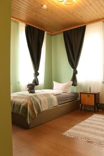 a bedroom with a bed with green walls and windows at Hostel in Böhlen