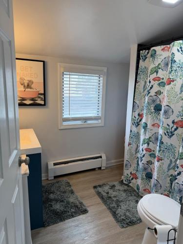 a bathroom with a toilet and a window at 2 bedroom beachfront fully refurbished home in East Haven