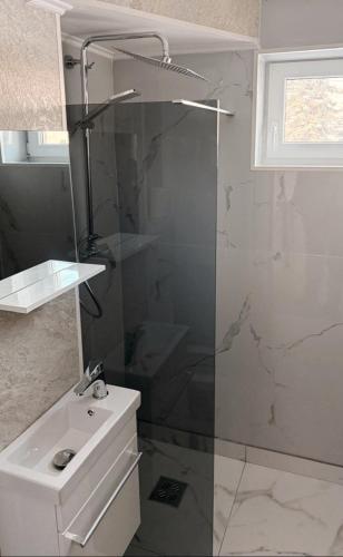 a bathroom with a glass shower and a sink at Sissi Apartments in Gheorgheni