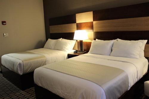 a hotel room with two beds and a lamp at Wyndham Garden Edmonton Airport in Leduc