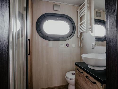 a small bathroom with a toilet and a sink at Houseboat Uitgeest with Rooftop Terrace | 4 Guests in Uitgeest