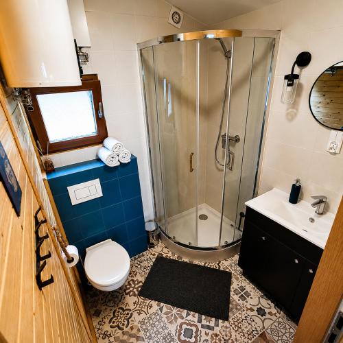 a bathroom with a shower and a toilet and a sink at Domek na Orlej in Giewartów