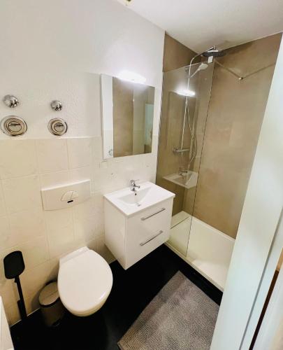 a bathroom with a toilet and a sink and a shower at Apartment Altstadt Stralsund in Stralsund