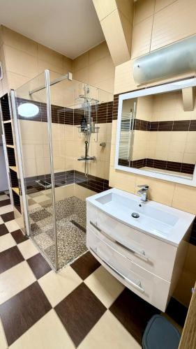 a bathroom with a glass shower and a sink at Rynek 30 in Leżajsk