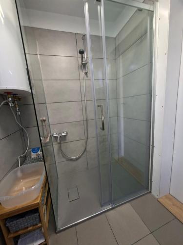 a shower with a glass door in a bathroom at Chatka przy kapliczce in Bugaj