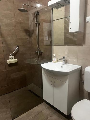a bathroom with a white sink and a shower at Áldos Panzió in Farád