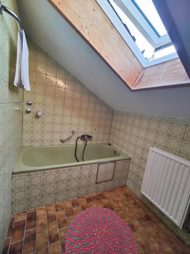 a bathroom with a green bath tub with a window at Abendsonne in Saulgrub