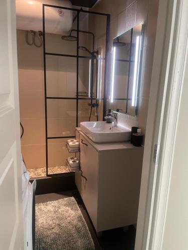 a bathroom with a sink and a mirror at Kusagil Nature & Sauna near Pärnu in Tahkuranna