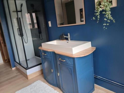 a blue bathroom with a sink and a shower at Sur l'Oneux in Hotton