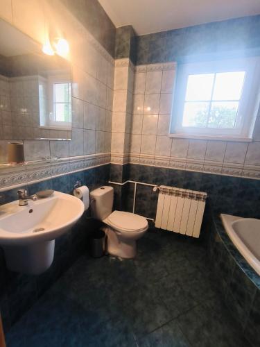 a bathroom with a toilet and a sink and a window at Dom Na Fali in Pasym