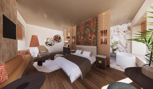 a rendering of a bedroom with a bed and a couch at Van der Valk Hotel Maastricht-Maas in Maastricht