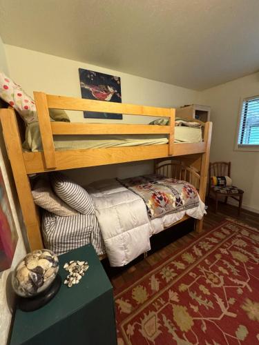 a bedroom with two bunk beds and a rug at Home near the redwoods in Fort Bragg