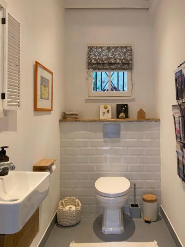 a bathroom with a white toilet and a sink at La Bordeneuve - Chambre d'hôtes in Auch