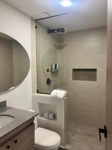 ein Badezimmer mit Toilette, Waschbecken und Spiegel in der Unterkunft Hotel 45 Park in Sabaneta