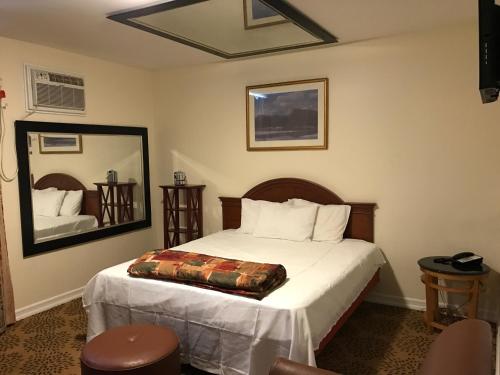 1 dormitorio con cama y espejo grande en Waterbury Big Apple Motel, en Waterbury