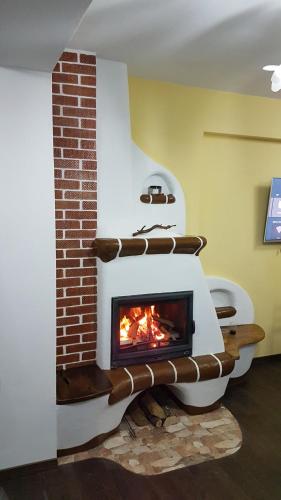 a wood fired oven in a living room at Pensiunea Agroturistica Cerna, Vaideeni - Polovragi in Vaideeni