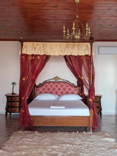 a bedroom with a canopy bed with red curtains at Villa Celaj “The Castle” in Krujë
