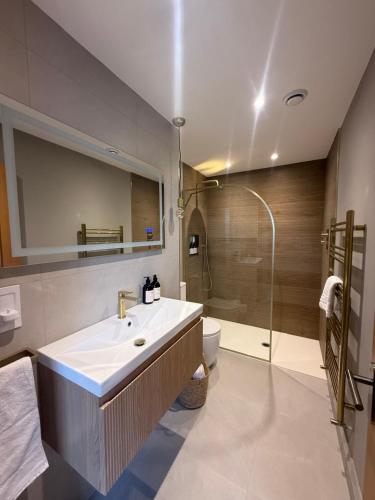 a bathroom with a sink and a shower and a toilet at Hadrians Hotel in Chesters