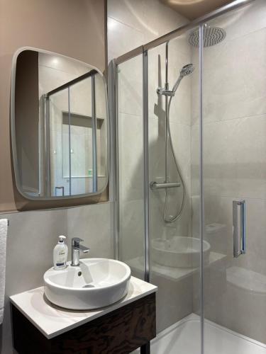 a bathroom with a sink and a shower with a mirror at Horse & Hound in Delgany