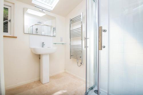 a bathroom with a sink and a shower at The Nant in Haverfordwest