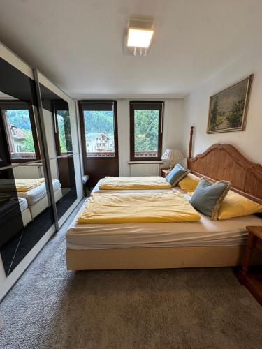 a large bedroom with two beds and windows at Boardwalk center in Mayrhofen