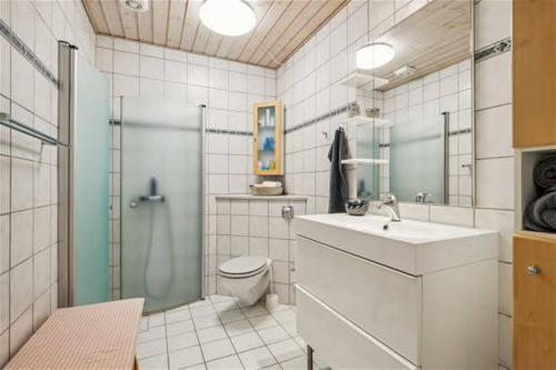 a bathroom with a shower and a toilet and a sink at Spacious foresthouse with stunning view in Ydby