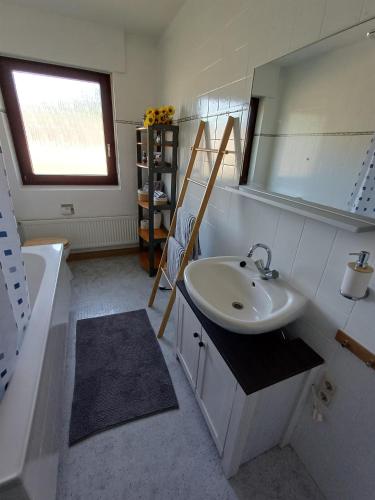 a bathroom with a sink and a tub and a mirror at Adelheids Apartment in Lützelbach