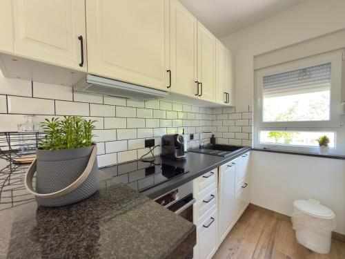 a kitchen with white cabinets and a plant on the counter at Cor Montis Apartments in Krasno Polje