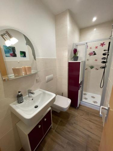 a bathroom with a sink and a toilet and a shower at Haus Sonnenschein in Koserow