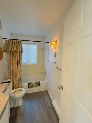 a white bathroom with a toilet and a shower at Chalet au bord du lac à la Baie Boudreault in Alma