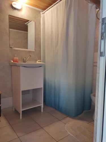 a bathroom with a sink and a shower with a mirror at casa Olga 2 Mai in 2 Mai