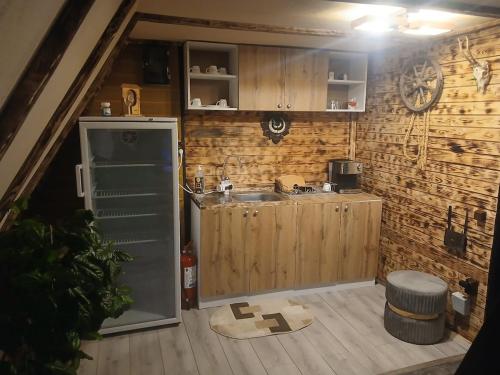 a kitchen with a sink and a refrigerator at Maria's Cabin & Spa in Băiaşu