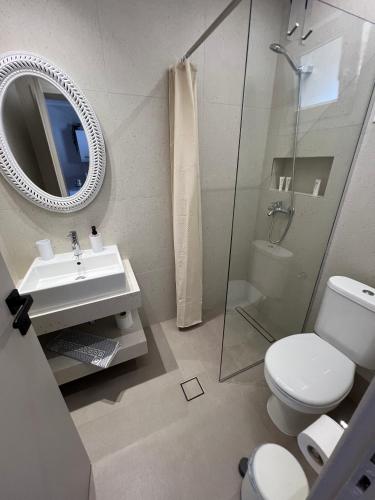 a bathroom with a toilet and a sink and a mirror at Biscoutsis Apartments & Studios in Kavos