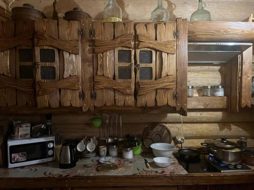 a kitchen with wooden cabinets and a counter top at Думанія in Verkhovyna