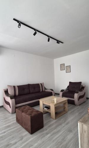 a living room with a couch and a coffee table at S Apartman Vrdnik in Vrdnik
