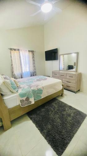 a bedroom with a bed and a dresser and a mirror at Jamaica Coastal Getaway in Discovery Bay