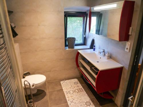 a small bathroom with a sink and a toilet at Les Boissèdes in Les Vans