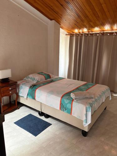 a bedroom with a bed and a window with curtains at El Palmar in Palmira