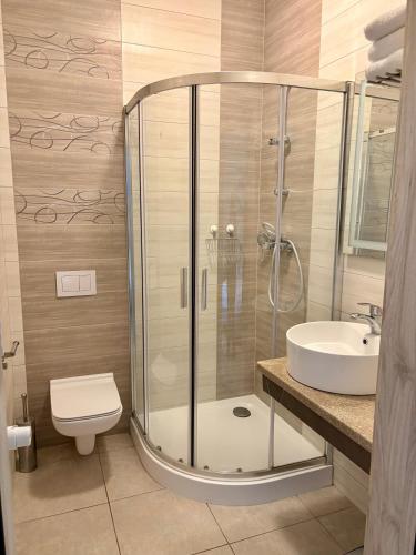 a bathroom with a shower and a toilet and a sink at Villa Rowena in Rowy