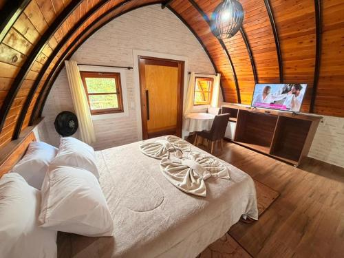 a bedroom with a bed and a tv in a room at Recanto sol nascentre cabanas in Monte Verde