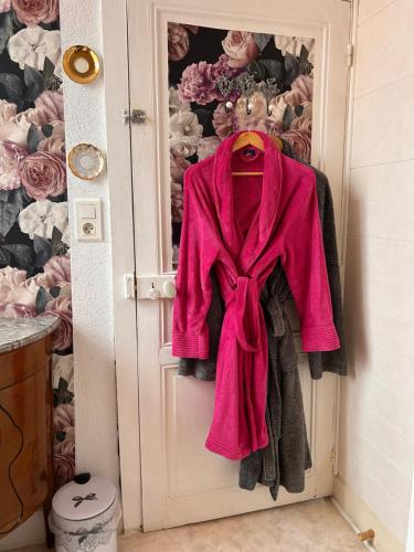 a pink jacket is hanging on a door at La chambre magique in Masseret