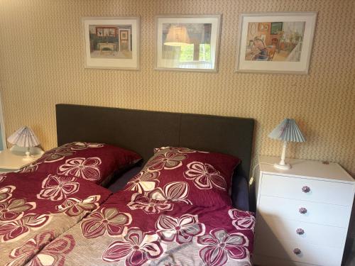 a bedroom with a bed with red pillows and a night stand at Hus Rusken in Stockaryd